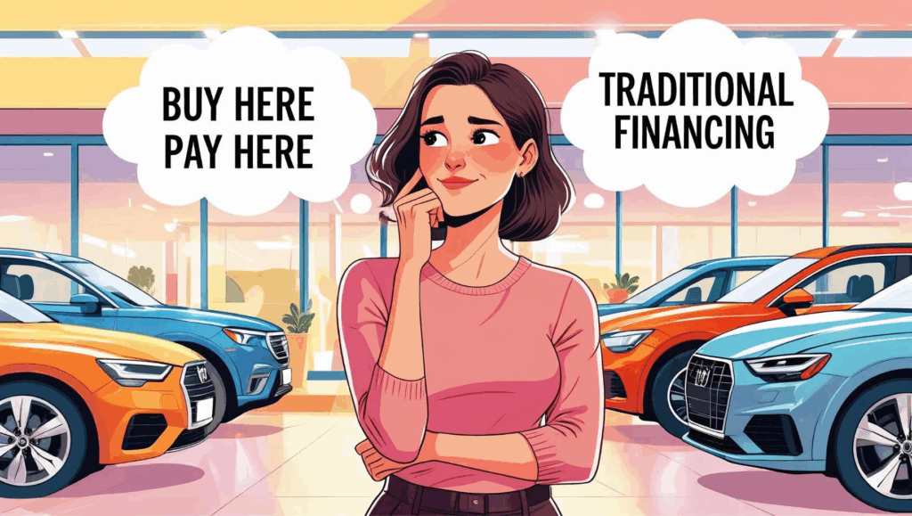 Illustration of customer contemplating difference between buy here pay here financing and traditional auto financing.