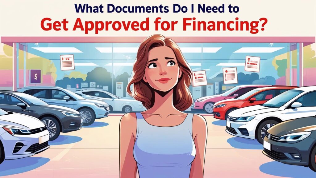 A vibrant, full-color illustration of a woman standing thoughtfully in front of a brightly lit car dealership, her expression reflecting a blend of intrigue and curiosity. Above her head, "What Documents Do I Need to Get Approved for Financing?" each rendered in a font that suggests clarity and importance. Her eyebrows are slightly raised, and her shoulders gently shrugged, conveying a serene sense of calm contemplation as she weighs her options. The car dealership background is softly illustrated with pastel colors, featuring a sleek array of vehicles in the foreground, creating a warm and inviting atmosphere that highlights the woman's decision-making process while maintaining focus on her expressions. There are floating images or icons representing various documents needed like "insurance" "bank statements" "utility bill"